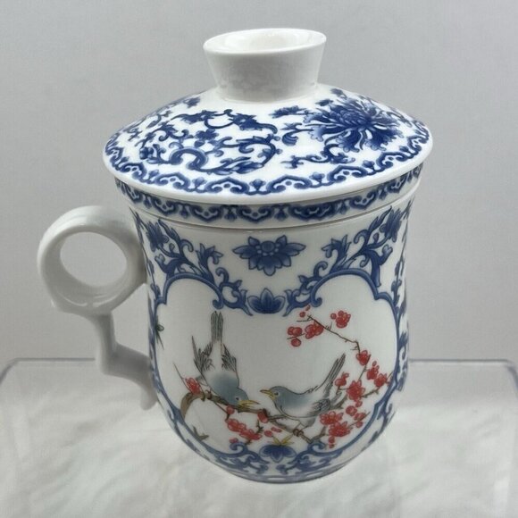 Chinese Porcelain Tea Cup Teacup with Lid Removable Infuser Strainer Floral Blue - Picture 6 of 16